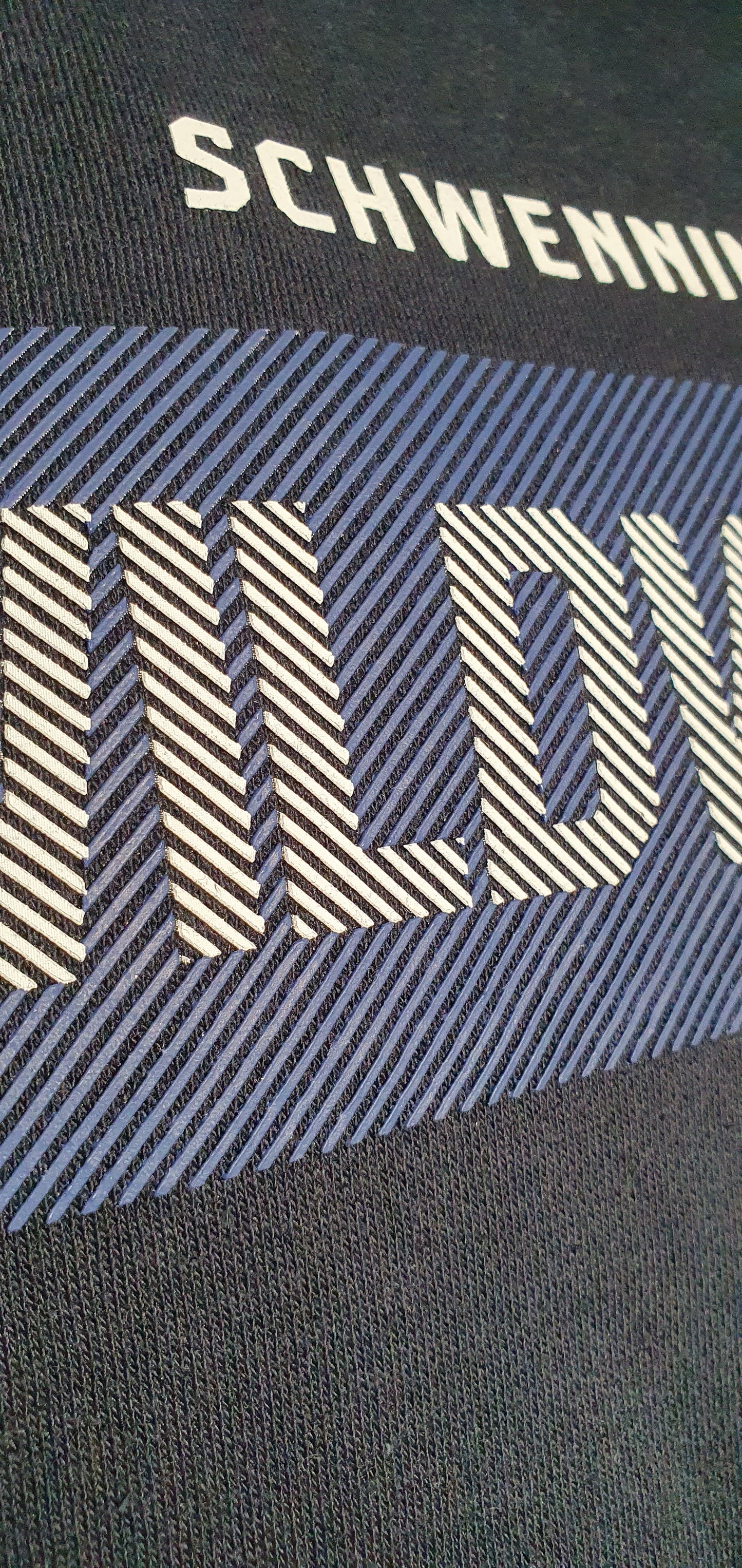 Nahaufnahme des Drucks. Man sieht dass das Wild Wings in Schrägen Linien schraffiert geschrieben ist und das Material Gummiartig ist.