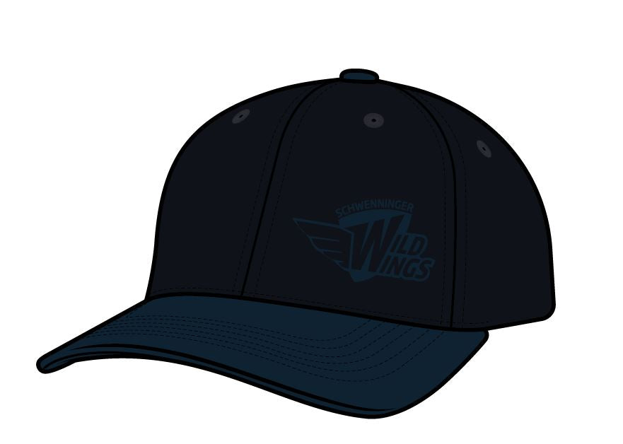 Schwarze Cap mit Navyblauem Schild und navyblauem Wild Wings Logo auf der rechten Seite