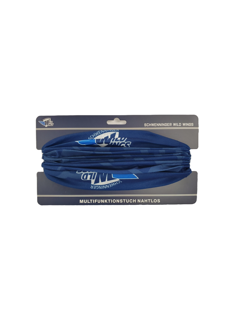Ein Karton mit einem Multifunktionstuch darum. Dieses ist royalblau, mit Ton in Ton Wild Wings Druck und dem Logo in Farbe einmal oben und unten.