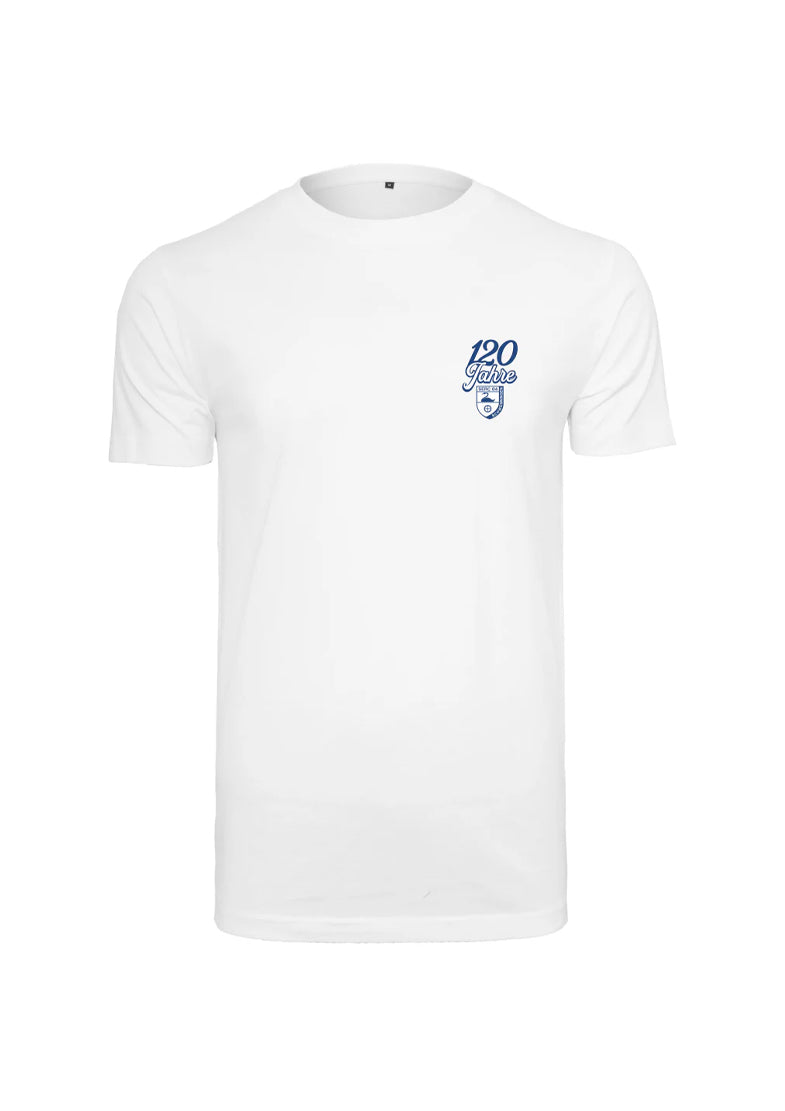 Weißes T-shirt mit 120 Jahre Logo auf der rechten Brust.