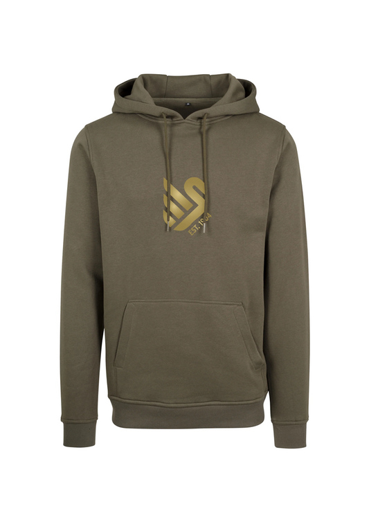Pullover in der Farbe Olive mit goldenem New Original Aufdruck. 
