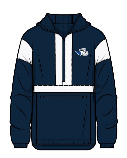 Navy blauer Anorak mit weßen Details an den Armen und dem Halfzip Reisverschluss. Unter dem Halfzip ist ein weißer Balken. Außerdem gibt es eine Art integrierte Bauchtasche. 