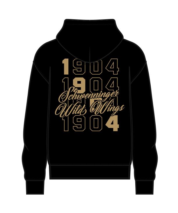 Schwarzer Hoodie mit goldenem Backprint. Die Zahlen 1904 sind 4 Mal aufgedruckt, dabei ist immer nur die 1,  dann die 9 usw. ganz ausgefüllt, damit es am Ende 1904 nochmals schräg zu lesen ist. über den Zahlen ist "Schwenninger Wild Wings" aufgedruckt. Ebenfalls in gold, aber komplett ausgefüllt. 