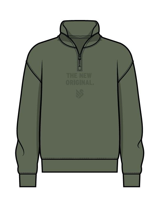 Halfzip Pullover. Olivegrüner Pullover mit Stehkragen und Reisverschluss. Auf der Brust "THE NEW ORIGINAL." Text und das Icon Ton-n-Ton.