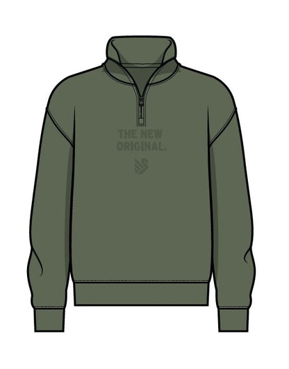 Halfzip Pullover. Olivegrüner Pullover mit Stehkragen und Reisverschluss. Auf der Brust "THE NEW ORIGINAL." Text und das Icon Ton-n-Ton.