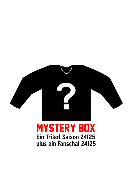 Ein schwarzes Trikot mit einem Fragezeichen darauf. Als Text steht darunter Mystery Box. 